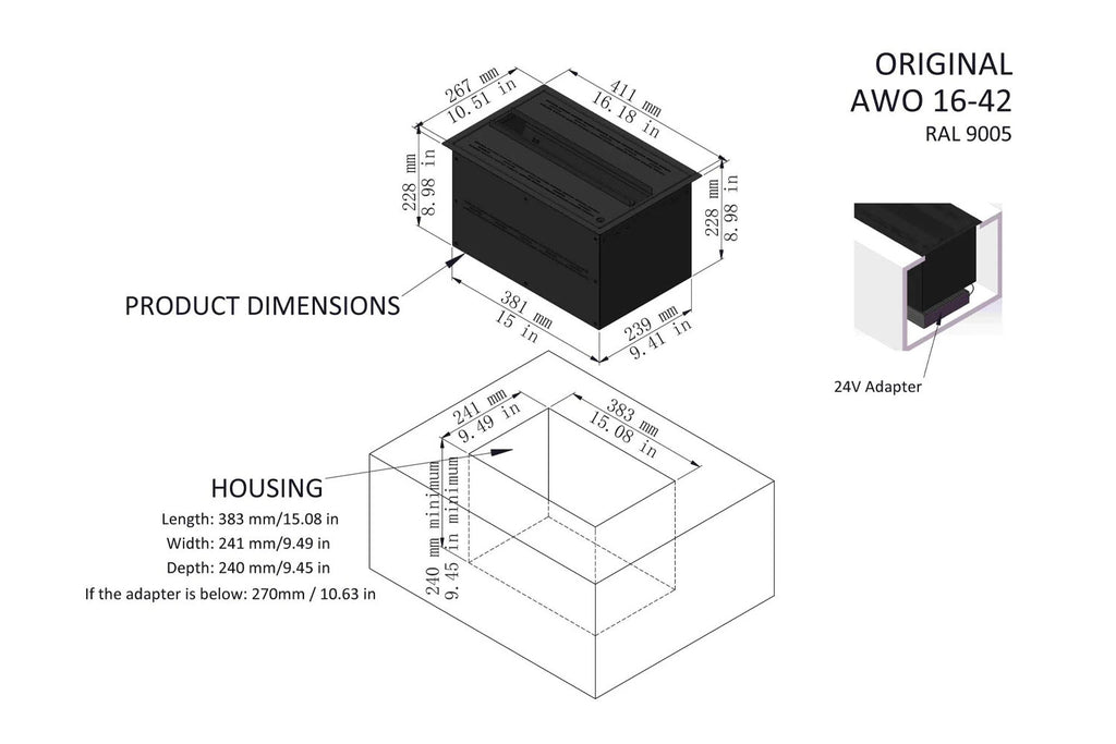 Aquafire Lite 16  Water Vapor Freestanding Electric Fireplace Insert - AWO-16-42 Dims