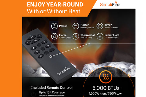 Image of SimpliFire Allusion Slim Wall Mount Recessed Electric Fireplace SF-ALLS Heat Remote