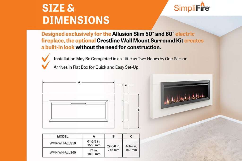 SimpliFire Allusion Slim Wall Mount Recessed Electric Fireplace SF-ALLS  Crestline Wall Kit