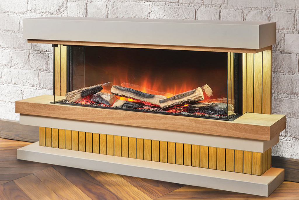 Flamerite Fires Elara 52 E-FX Electric Fireplace Freestanding Suite Oak White with Plinth Base FLR-FP-SUITE-ELARA-BASE