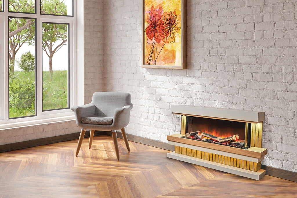 Flamerite Fires Elara 52 E-FX Electric Fireplace Freestanding Suite Oak White with Plinth Base FLR-FP-SUITE-ELARA-BASE