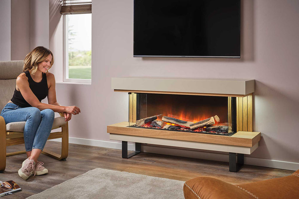 Flamerite Fires Elara 52 E-FX Electric Fireplace Freestanding Suite Oak and White with Metal Legs FLR-FP-SUITE-ELARA-LGS