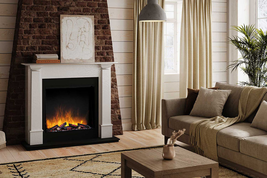 Flamerite Fires Europa Mantel Packadge White with E-FX Slim Line 30-inch Tall Electric Firebox | FLR-FP-SUITE-EUROPA-WHITE