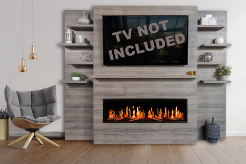Image of Modern Flames New Allwood Fireplace Media Wall in Driftwood Gray | 60'' Orion Slim Heliovision Electric Fireplace