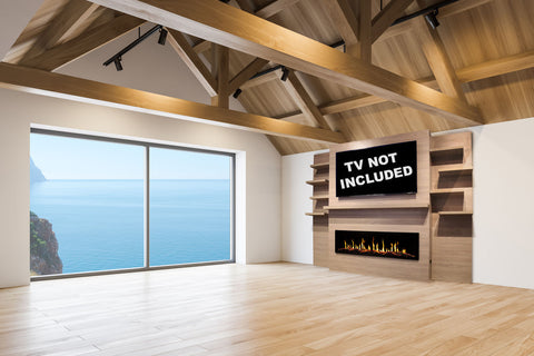 Image of Modern Flames New Allwood Fireplace Media Wall in Coastal Sand | 60'' Orion Slim Heliovision Electric Fireplace