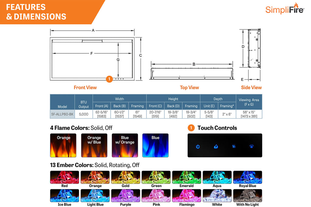 Hearth & Home SimpliFire Allusion Platinum 60 inch Wall Mount Recessed Linear Electric Fireplace Insert | SF-ALLP60-BK | Electric Fireplaces Depot