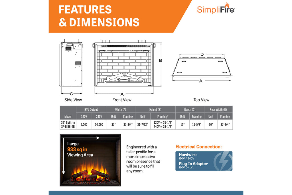 Hearth & Home SimpliFire 36 inch Built-In Electric Firebox Insert | Electric Fireplace | SF-BI36-EB | Electric Fireplaces Depot