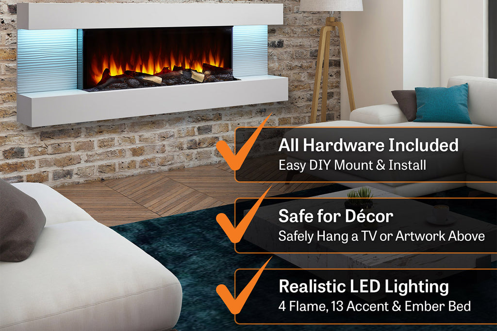 Hearth & Home SimpliFire Format 60-inch Floating Mantel Wall Mount Electric Fireplace in White SF-FM60-WH