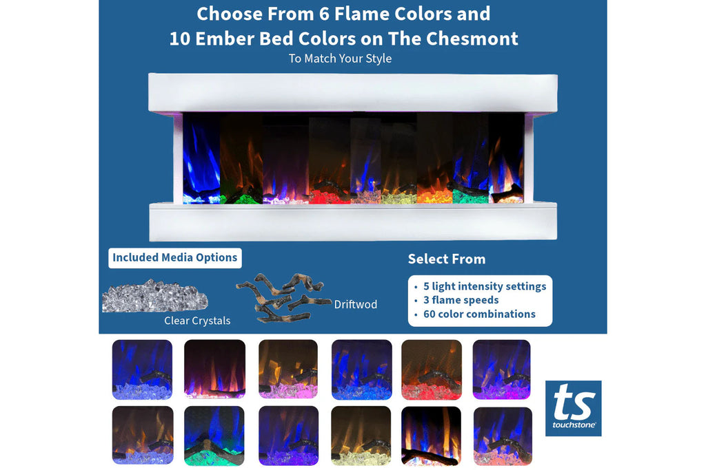 Touchstone Chesmont 50" White Smart Wall Mount 3-sided Electric Fireplace