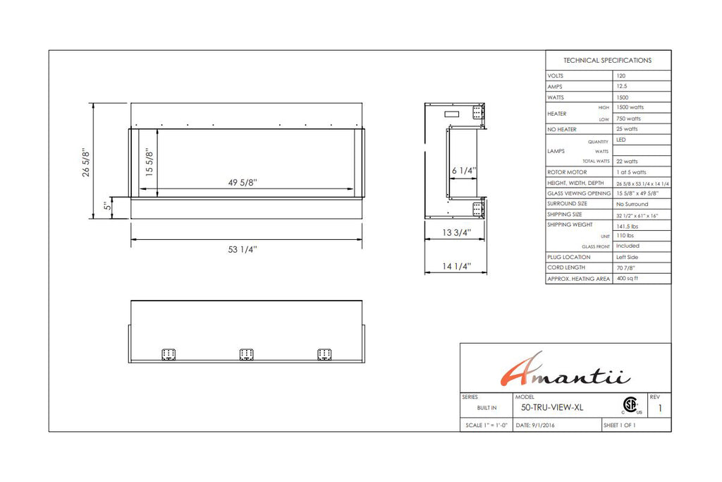 Amantii Panorama 50 inch 3-Sided Built-in Indoor & Outdoor Electric Fireplace - Heater - Dimensions - Electric Fireplaces Depot