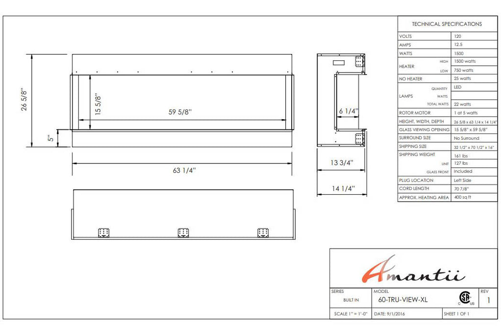 Amantii Panorama 60 inch 3-Sided Built-in Indoor & Outdoor Electric Fireplace - Heater - Dimensions - Electric Fireplaces Depot