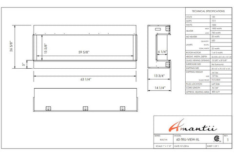 Image of Amantii Panorama 60 inch 3-Sided Built-in Indoor & Outdoor Electric Fireplace - Heater - Dimensions - Electric Fireplaces Depot