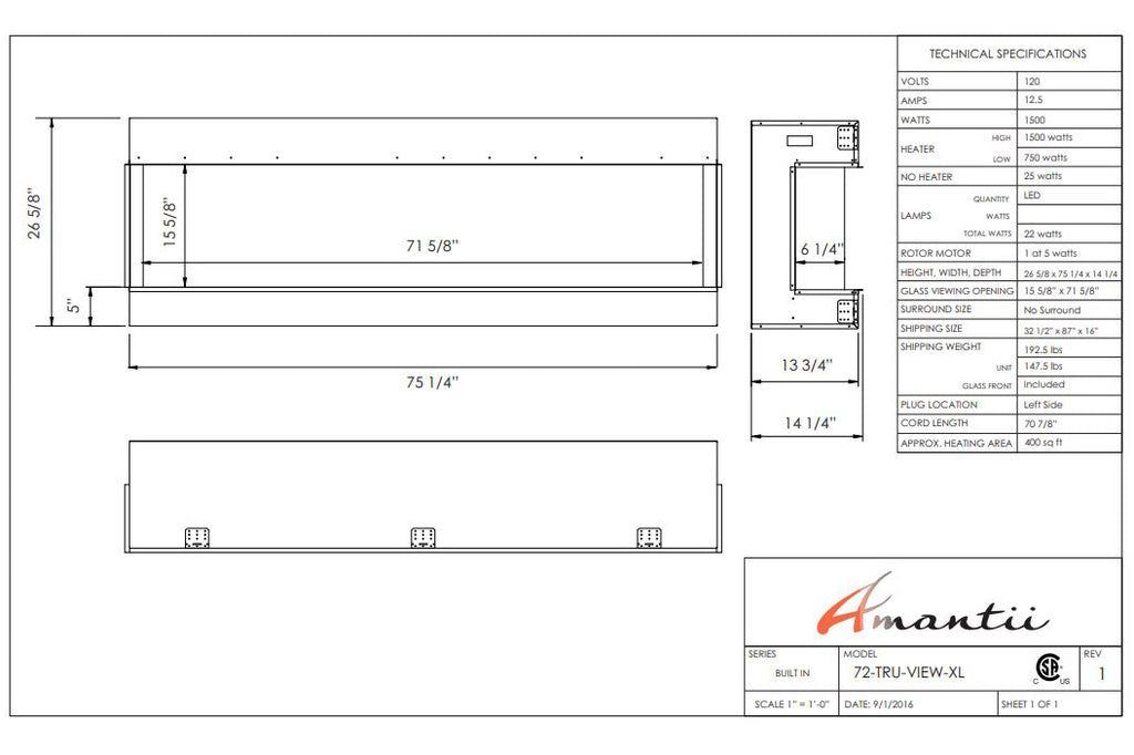 Amantii Panorama 72 inch 3-Sided Built-in Indoor & Outdoor Electric Fireplace - Heater - Dimensions - Electric Fireplaces Depot