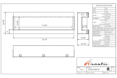 Image of Amantii Panorama 72 inch 3-Sided Built-in Indoor & Outdoor Electric Fireplace - Heater - Dimensions - Electric Fireplaces Depot
