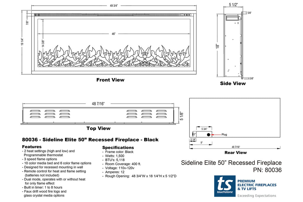 Touchstone Sideline Elite 50" Built-In Recessed Flush Mount Electric Fireplace - 80036 - Dimensions - Electric Fireplaces Depot