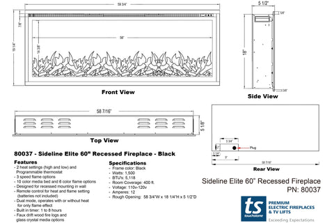 Image of Touchstone Sideline Elite 60" Built-In Recessed Flush Mount Electric Fireplace Dimensions - 80037 - Electric Fireplaces Depot