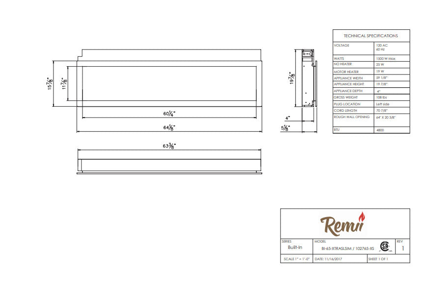 Remii 65 Inch Extra Slim Built-In Indoor Outdoor Electric Fireplace | Heater | 102765-XS | Electric Fireplaces Depot