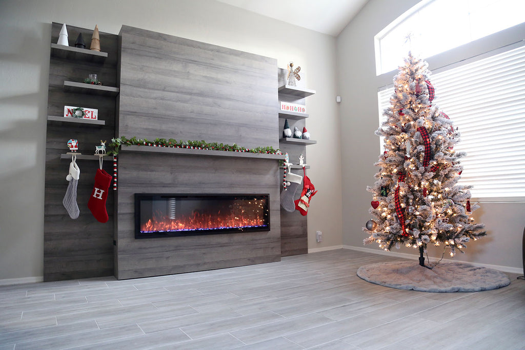 Modern Flames Allwood Wall System in Driftwood Gray with Spectrum Slimline 60 in Electric Fireplace AFWS-DW SPS Fireplace