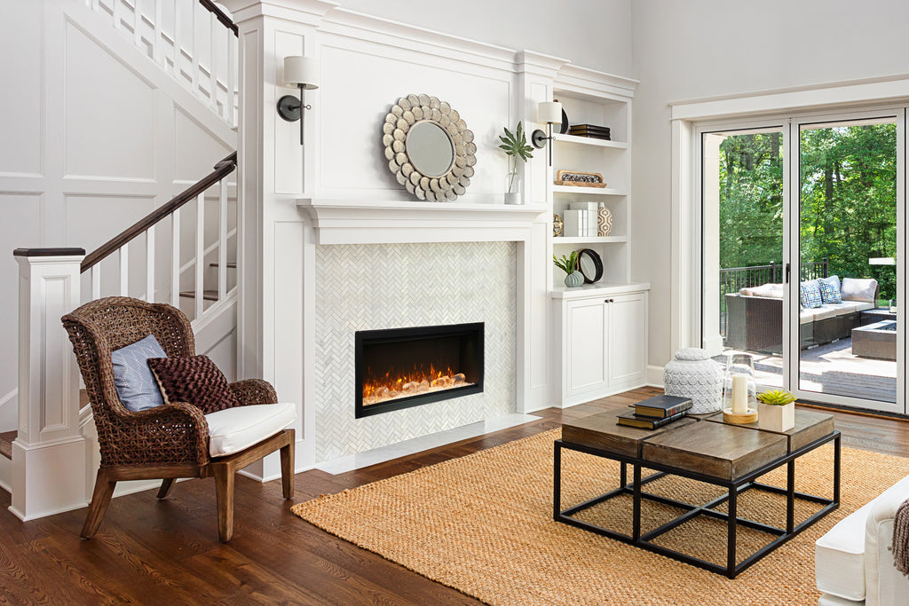 Amantii Symmetry 34'' Built In Fully Recessed Flush Mount Linear Indoor & Outdoor Electric Fireplace | Extra Tall Deep | SYM-34-XT | Electric Fireplaces Depot