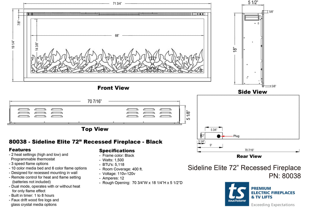 Touchstone Sideline Elite 72" Built-In Recessed Flush Mount Electric Fireplace - 80038 - Electric Fireplaces Depot