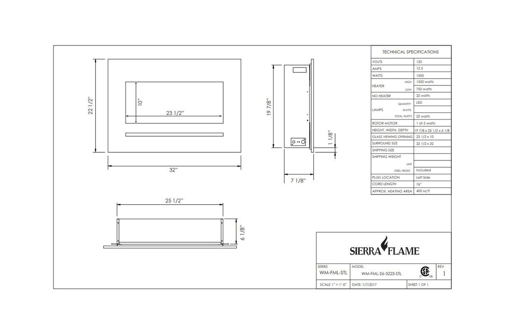 Sierra Flame 32 inch Wall Mount Linear Electric Fireplace - Heater - Dimensions - Electric Fireplaces Depot