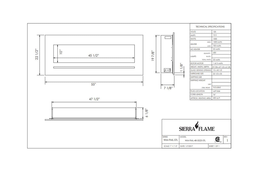 Sierra Flame 55 inch Wall Mount Linear Electric Fireplace - Heater - Dimensions - Electric Fireplaces Depot
