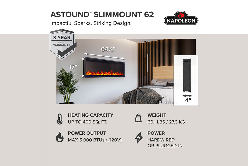 Napoleon Astound 62" Smart SlimMount Wall Mount | Recessed Electric Fireplace