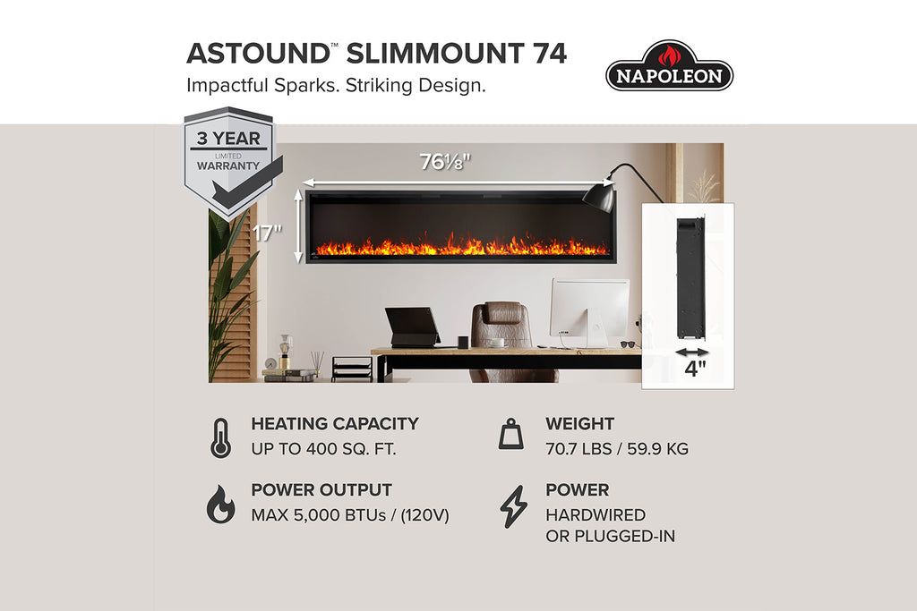 Napoleon Astound SlimMount 74 inch Smart Wall Mount Recessed Slim Linear Electric Fireplace - NEFL74AS