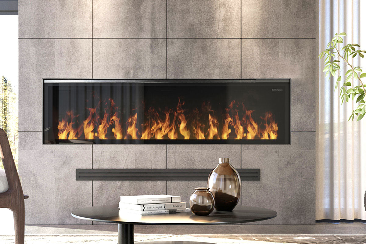 Dimplex Opti-Myst electric fireplace installed in a stone living room wall