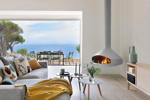 Image of Focus Ergofocus Holographic Suspended Electric Fireplace with Heater in White FCS-FP-ERGO-HOLO-WHT-HEAT