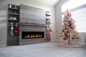 Modern Flames New Allwood Fireplace Media Wall in Driftwood Gray | 60'' Orion Slim Heliovision Electric Fireplace