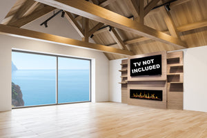 Modern Flames New Allwood Fireplace Media Wall in Coastal Sand | 60'' Orion Slim Heliovision Electric Fireplace