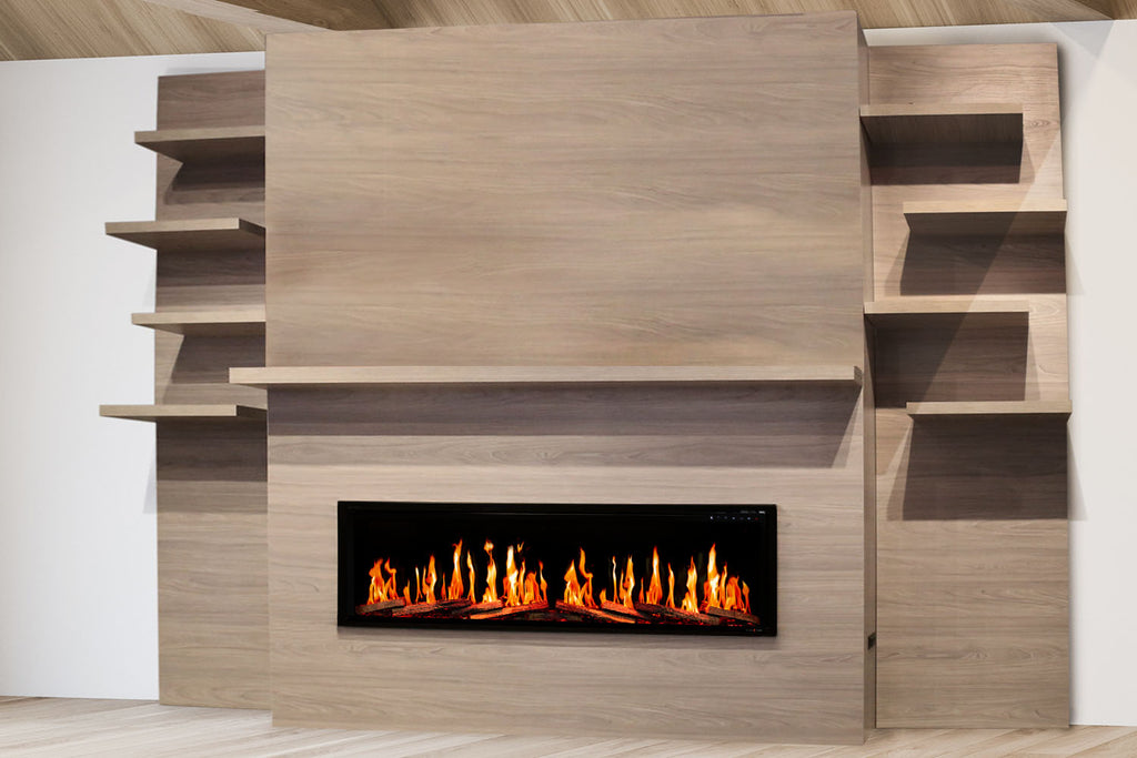 Modern Flames New Allwood Fireplace Media Wall in Coastal Sand | 60'' Orion Slim Heliovision Electric Fireplace