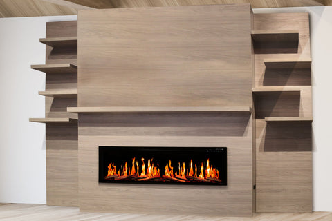Image of Modern Flames New Allwood Fireplace Media Wall in Coastal Sand | 60'' Orion Slim Heliovision Electric Fireplace