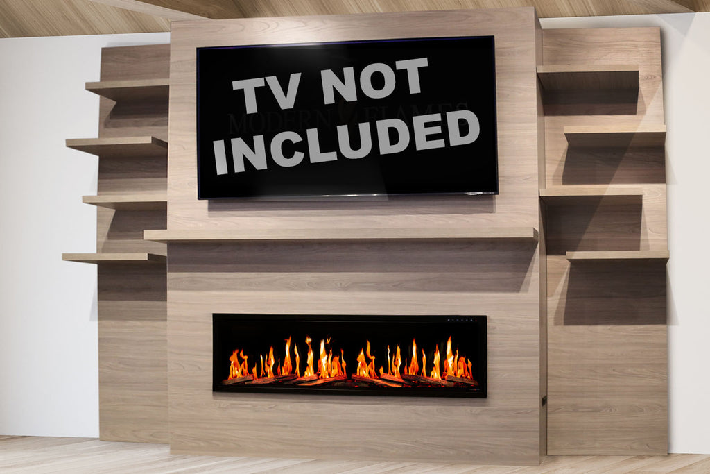 Modern Flames New Allwood Fireplace Media Wall in Coastal Sand | 60'' Orion Slim Heliovision Electric Fireplace