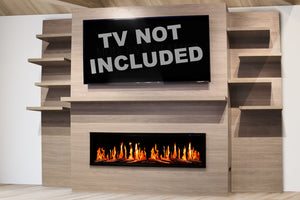 Modern Flames New Allwood Fireplace Media Wall in Coastal Sand | 60'' Orion Slim Heliovision Electric Fireplace