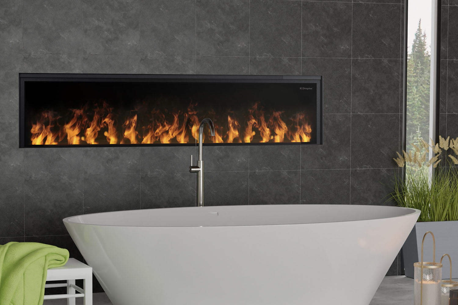 Dimplex Opti-Myst water vapor fireplace installed above a bathroom soaking tub
