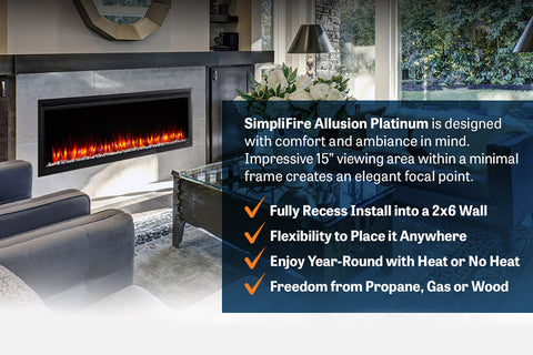 Image of Hearth & Home SimpliFire Allusion Platinum 60 inch Wall Mount Recessed Linear Electric Fireplace Insert | SF-ALLP60-BK | Electric Fireplaces Depot