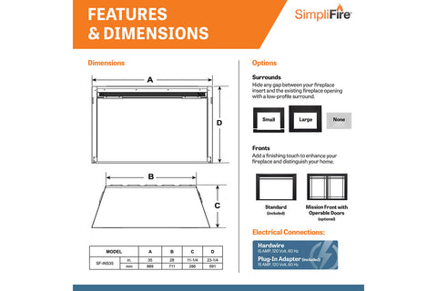 Image of Hearth & Home SimpliFire 35 inch Electric Fireplace Insert SF-INS35 - SimpliFire Electric 35'' Firebox