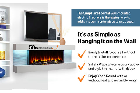 Image of Hearth & Home SimpliFire Format 60-inch Floating Mantel Wall Mount Electric Fireplace in White SF-FM60-WH