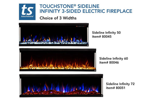 Image of Touchstone Sideline Infinity Smart 3-Sided 2-Sided Built-In Recessed Electric Fireplace Sizes