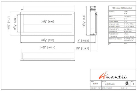 Image of Amantii Panorama 40-in Extra Slim Built-in Indoor & Outdoor Electric Fireplace - Heater - BI-40XTRASLIM - Dimensions - Electric Fireplaces Depot