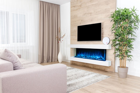 Image of Modern Flames Landscape Pro 94'' 3-Sided Electric Fireplace Wall Mount Studio Suite Mantel in White | WMC80LPMRTF | Electric Fireplaces Depot
