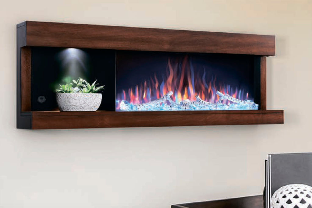 Napoleon Stylus Steinfeld Walnut Modern Wall Surface Mount Electric Fireplace with Shelf | Logs and Crystals | NEFP32-5320BW |  Electric Fireplaces Depot