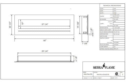 Image of Sierra Flame 66 inch Wall Mount Linear Electric Fireplace - Heater - Dimensions - Electric Fireplaces Depot