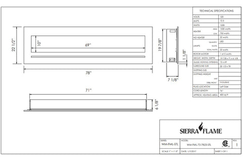 Image of Sierra Flame 78 inch Wall Mount Linear Electric Fireplace - Heater - Dimensions - Electric Fireplaces Depot