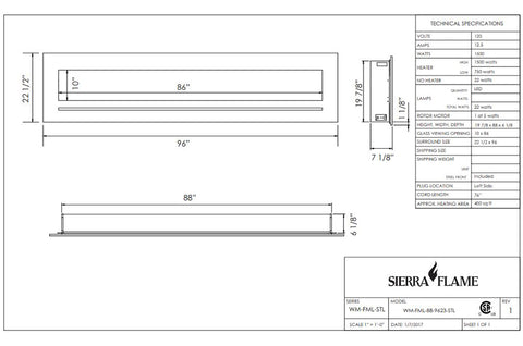 Image of Sierra Flame 96 inch Wall Mount Linear Electric Fireplace - Heater - Dimensions - Electric Fireplaces Depot